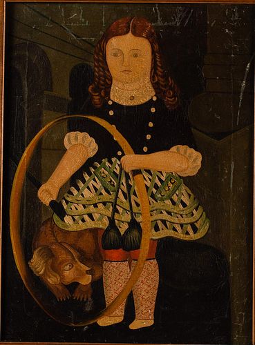 5394346: Folk Art Painting of a Girl with Hoop and Dog E7RDL