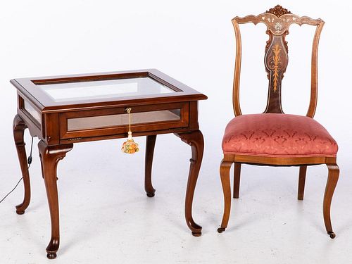 5394368: Queen Anne Style Vitrine Table and Inlaid Walnut
 Side Chair, 19th Century and Later E7RDJ