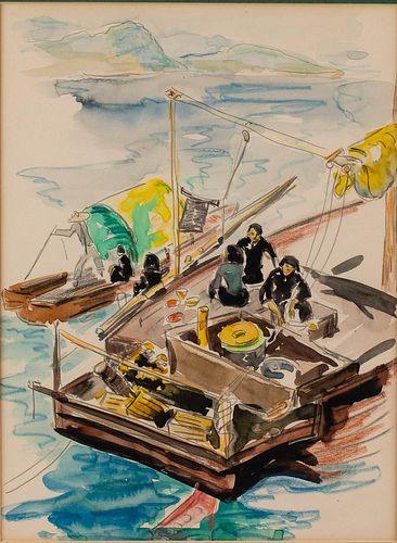 5394376: Margaret Gamble Baldwin (GA, Early 20th C), Far
 Eastern Scene with Boats, Watercolor on Paper E7RDL