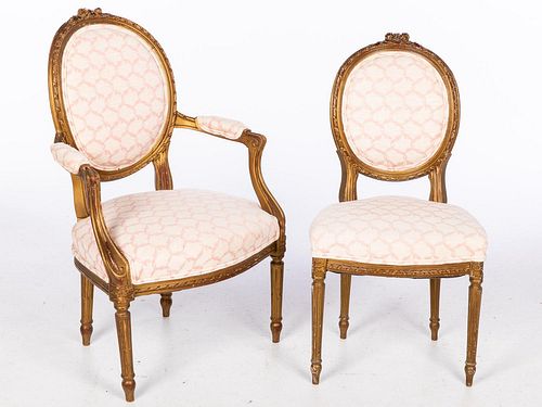 5409006: Two Louis XVI Style Upholstered Giltwood Chairs, 20th Century E7RDJ