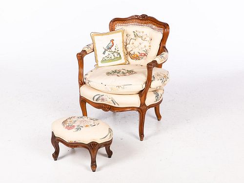 5409014: Louis XV Style Walnut Caned and Upholstered Open
 Armchair and Footstool E7RDJ