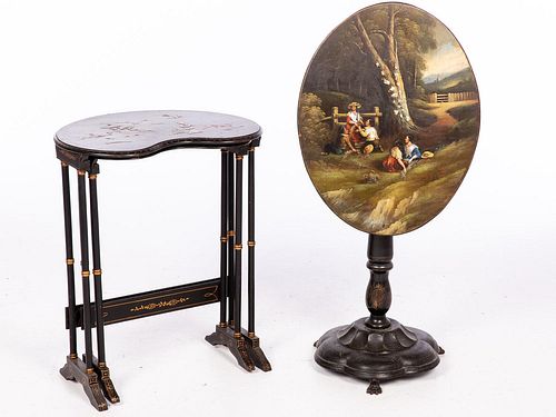 5409021: Victorian Lacquer Tilt-Top Table, 19th C and Two
 Kidney-Shaped Chinoiserie Nesting Tables E7RDJ