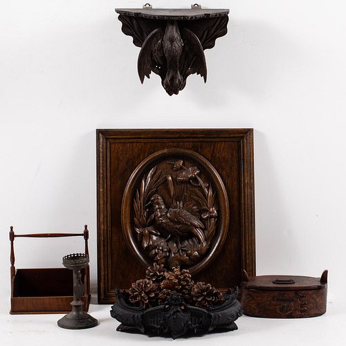 5409034: Two Carved Wood Bird Plaques, Bentwood Norwegian
 Tine Box and Three Wood and Metal Articles E7RDJ