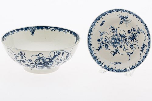 3985049: Worcester Tea Saucer and Blue and White Slop Bowl, 18th Century E6RDF