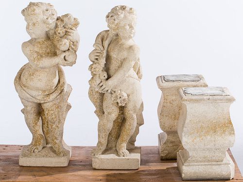 3985059: Pair of Cement Statues of Putti on Shaped Bases, 20th Century E6RDB