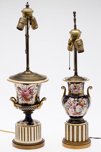 4002134: 2 Cobalt Blue Floral Porcelain Vases, Now Mounted
 as a Lamps, 19th Century E6RDF