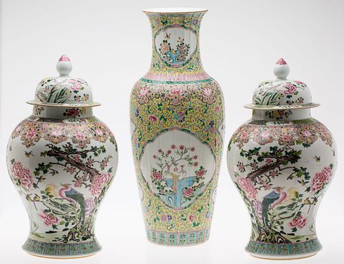 4002156: 3 Chinese Famille Rose Decorated Porcelain Vases, Modern E6RDC