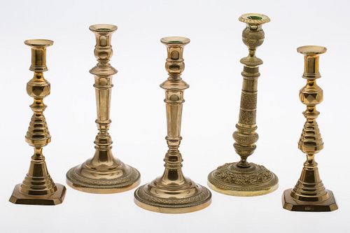 4002217: Group of 5 French and English Brass and Gilt-Metal
 Candlesticks, 19th/20th Century E6RDJ