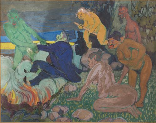 3862991: Albert Abramovitz (NY/CA, 1879-1963) A Scene of
 Death with 6 Figures, W/C and Gouache on Paper E4RDL