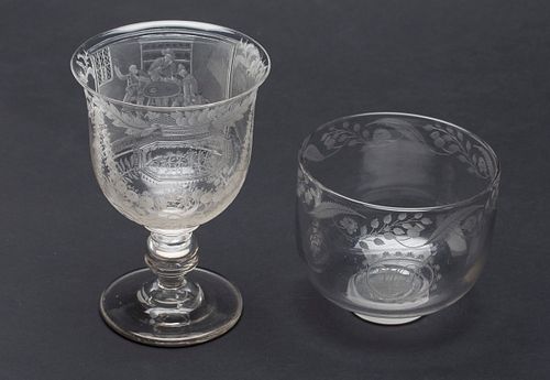 3863033: Etched Glass Rummer and Christening Bowl, 19th Century E4RDF