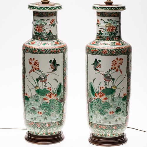 3863040: Pair of Chinese Famille Vert Porcelain Vases, Now Mounted as Lamps E4RDC