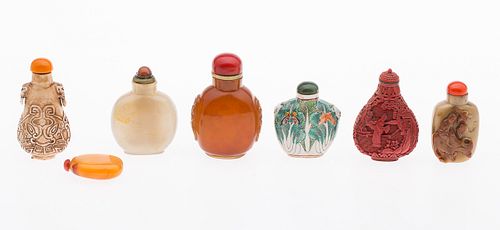 3863060: Group of 7 Jade, Porcelain, Cinnabar, Stone, Ivory
 and Agate Snuff Bottles E4RDC