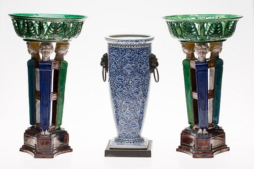3863105: Pair of Majolica Tripartite Centerpieces and a
 Blue and White Vase, Modern E4RDF