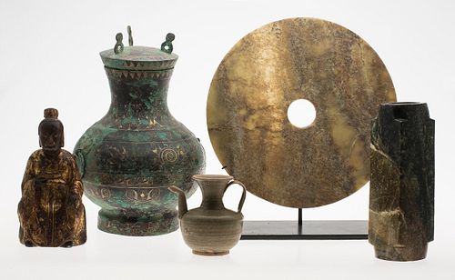 3863114: 5 Chinese Ceramic, Metal, Wood and Stone Articles E4RDC
