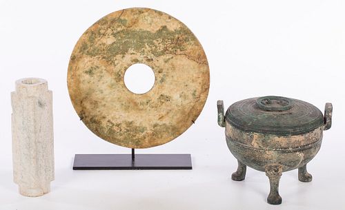 3863118: 3 Chinese Ceramic, Metal and Stone Articles E4RDC
