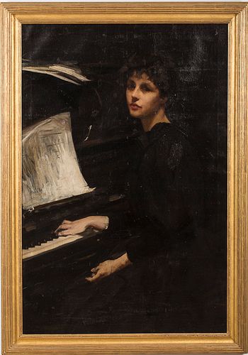 3863119: American School, Woman at Piano, Oil on Canvas, 19th/20th Century E4RDL