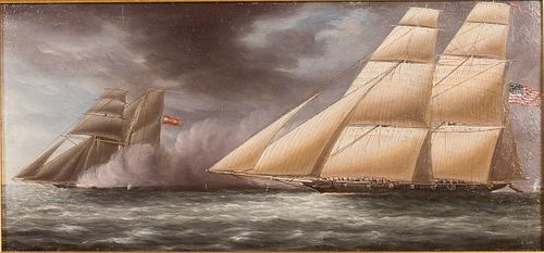 3863143: After James Buttersworth (American, 1817-1894),
 American Clipper Firing at Foreign Vessel, Oil E4RDL