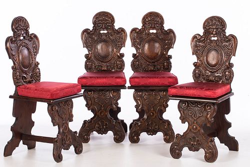 3863168: Set of 4 French Renaissance Revival Walnut and
 Pine Plank Seat Hall Chairs, 19th Century E4RDJ
