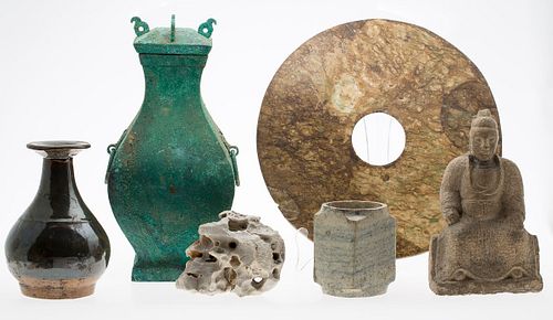 3863201: 6 Chinese Ceramic, Metal and Stone Articles E4RDC