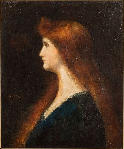 3863229: After Jean-Jacques Henner (French, 1829-1905),
 Portrait of Redheaded Woman in Blue Dress, O/C E4RDL