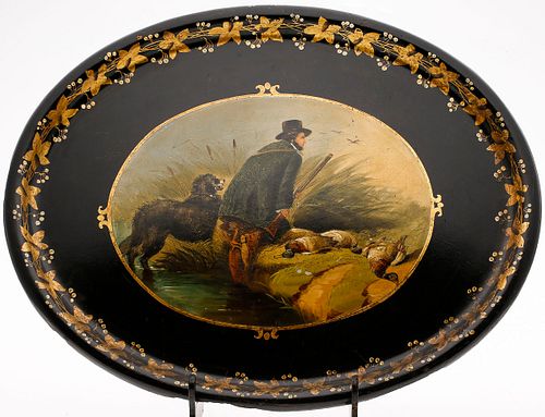 3863240: Victorian Papier Mache Painted Tray with Hunting Scene, 19th Century E4RDJ