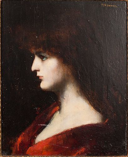 3863243: Attributed to Jean-Jacques Henner (French, 1829-1905),
 Portrait of Woman in Red Dress, O/B E4RDL