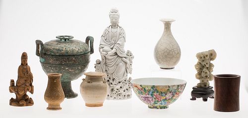 3863250: Group of 9 Asian and Other Ceramic, Wood and Metal
 Objects, Modern or Earlier E4RDC