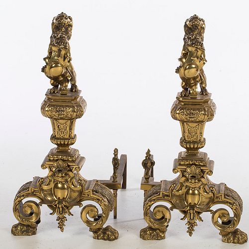 3863264: Pair of Renaissance Revival Style Lion-Topped Brass Andirons E4RDJ