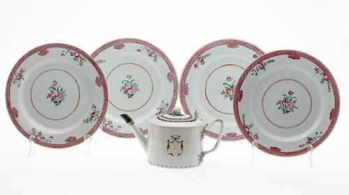 3863322: 4 Chinese Export Floral Plates with Pink Border
 and a Tea Pot, 18th Century E4RDC
