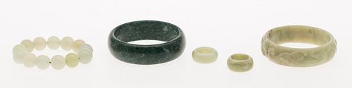 3863342: Group of 5 Jade and Hardstone Bracelets and Rings E4RDC