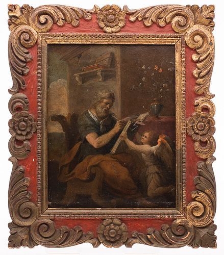 3863349: European School, Biblical Scene of Seated Man with
 Angel, Oil on Copper, 18th Century E4RDL