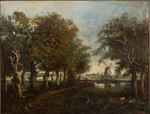 3863376: Unsigned, European School, Landscape with Windmills,
 Oil on Canvas, 19th Century E4RDL