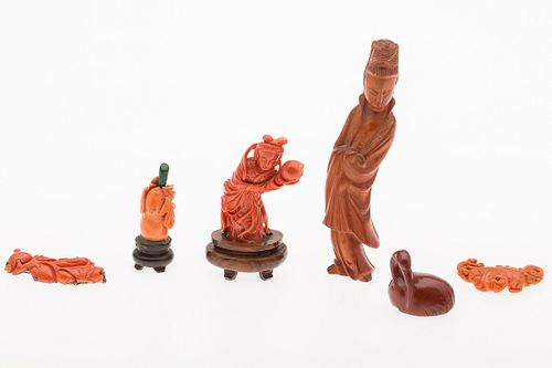 3863380: Group of 6 Chinese Carved Coral, Stone and Wood Articles E4RDC