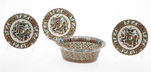 3863384: Chinese Export Famille Rose Chestnut Basket and 3 Butterfly Plates E4RDC