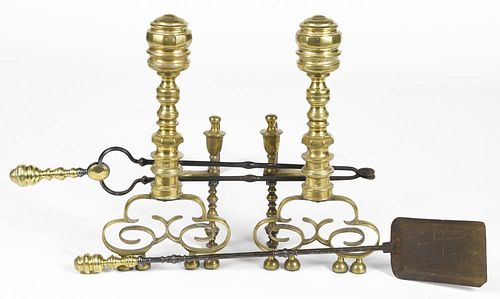 Pair of late Federal brass andirons, ca. 1830, 22'' h., together with a fire shovel and tongs.