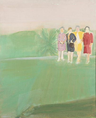 3863437: Charlotte Brieff (American, b.1921), Figural Abstract
 of 4 Women on Green Ground, Acrylic/Can. E4RDL