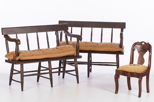 3876512: 2 Similar Children's American Spindle Back Painted
 Benches and a Mahogany Side Chair, 19th C. E4RDJ