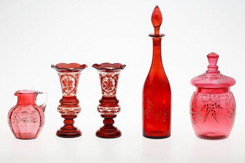 3876583: Group of 5 Pieces of Ruby Red Glass, 19th Century E4RDF