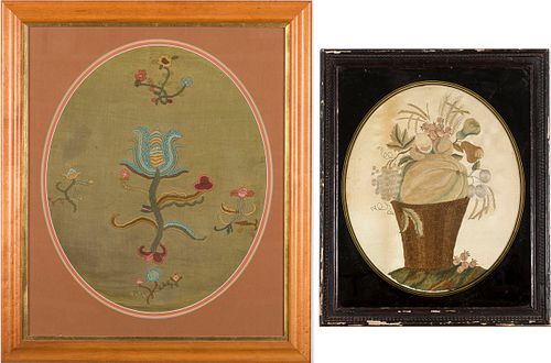 3876686: Silk Needlework Still Life, 19th Century, Together
 with Framed Crewel Work E4RDJ