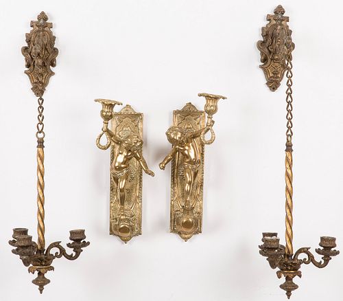 3876689: Pair of Brass Wall Sconces and a Pair of Gilt-Metal
 3-Light Hanging Sconces E4RDJ