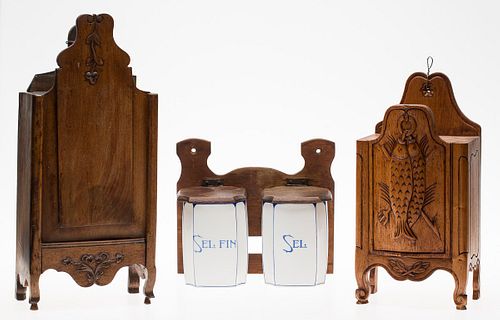 3877044: 2 French Provincial Walnut Candle Boxes and 2 Wall-Mounted
 Salt Containers, 19th C. and Later E4RDJ