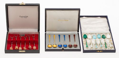 3877046: 12 Danish Sterling Silver and Enamel Demitasse
 Spoons and 6 Brazilian Cocktail Forks E4RDQ