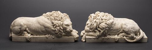 3753360: Two Carved Stone Lions and Pair of Anglo-Indian Stone Decorations E3RDJ