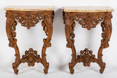 3753380: Pair of French Carved Beechwood Marble Top Console
 Tables, 19th Century E3RDJ