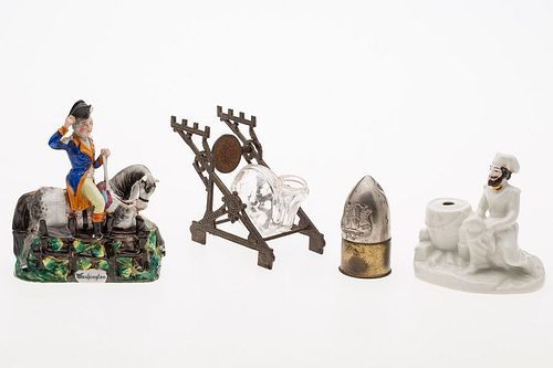 3753445: 3 Military-Themed Porcelain and Metal Inkwells
 and a Glass and Metal Snail Inkwell E1RDI E3RDI