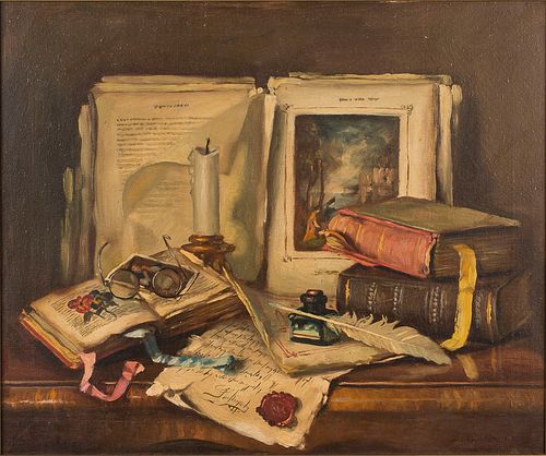 3753469: Claude Raguet Hirst (New York, Ohio, 1855-1942),
 Still Life of Candle and Books, O/C, 1939 E3RDL