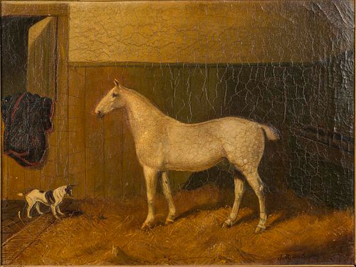 3753507: J. C. Partridge (English, Late 19th Century), Portrait
 of a White Horse in a Stable, O/C E3RDL