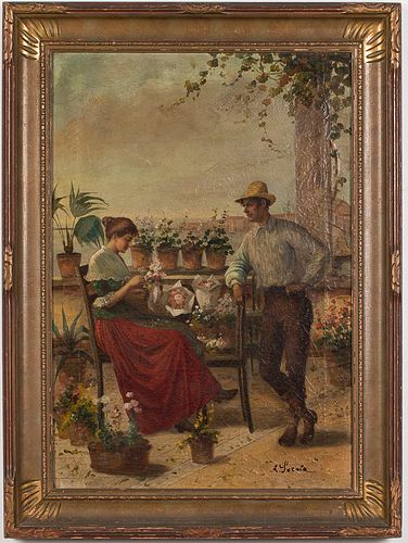 3753578: A. Secola (Italian, 19th Century), Flower Seller
 and Suitor, Oil on Canvas E3RDL
