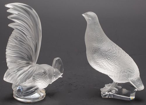3753619: Lalique Frosted and Clear Glass Cockerel and Quail E3RDF