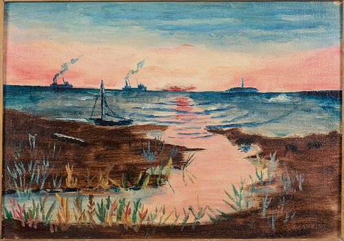 3753647: Anna Hunter (Georgia, 1892-1985), Ships Leaving
 Savannah, Oil on Artist Board E3RDL